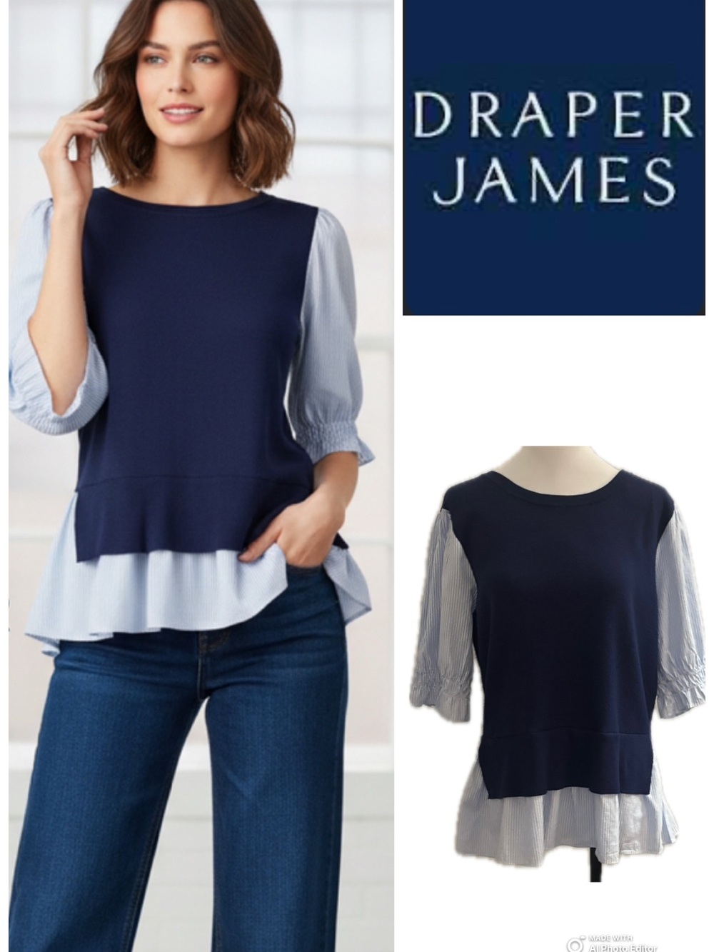 Draper James Navy Blue Mixed Media Twofer Sweater - Size Large